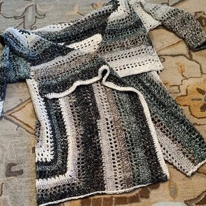 Striped Open-Knit Women's Cardigan Sweater - Gray & Black